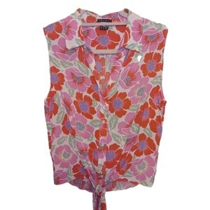 Theory Red and Pink Floral Tie-Front Blouse